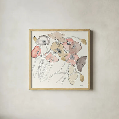Black Line Poppies II Watercolor Neutral by Shirley Novak. Shown in a natural wood glass frame for a timeless modern aesthetic. Available as an archival giclee rolled canvas, fine art paper, or poster print. SKU 26768a.