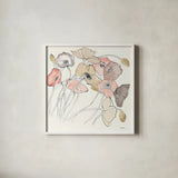 Black Line Poppies II Watercolor Neutral by Shirley Novak. Shown in a crisp white glass frame for a clean and minimalist style. Available as an archival giclee rolled canvas, fine art paper, or poster print. SKU 26768a.