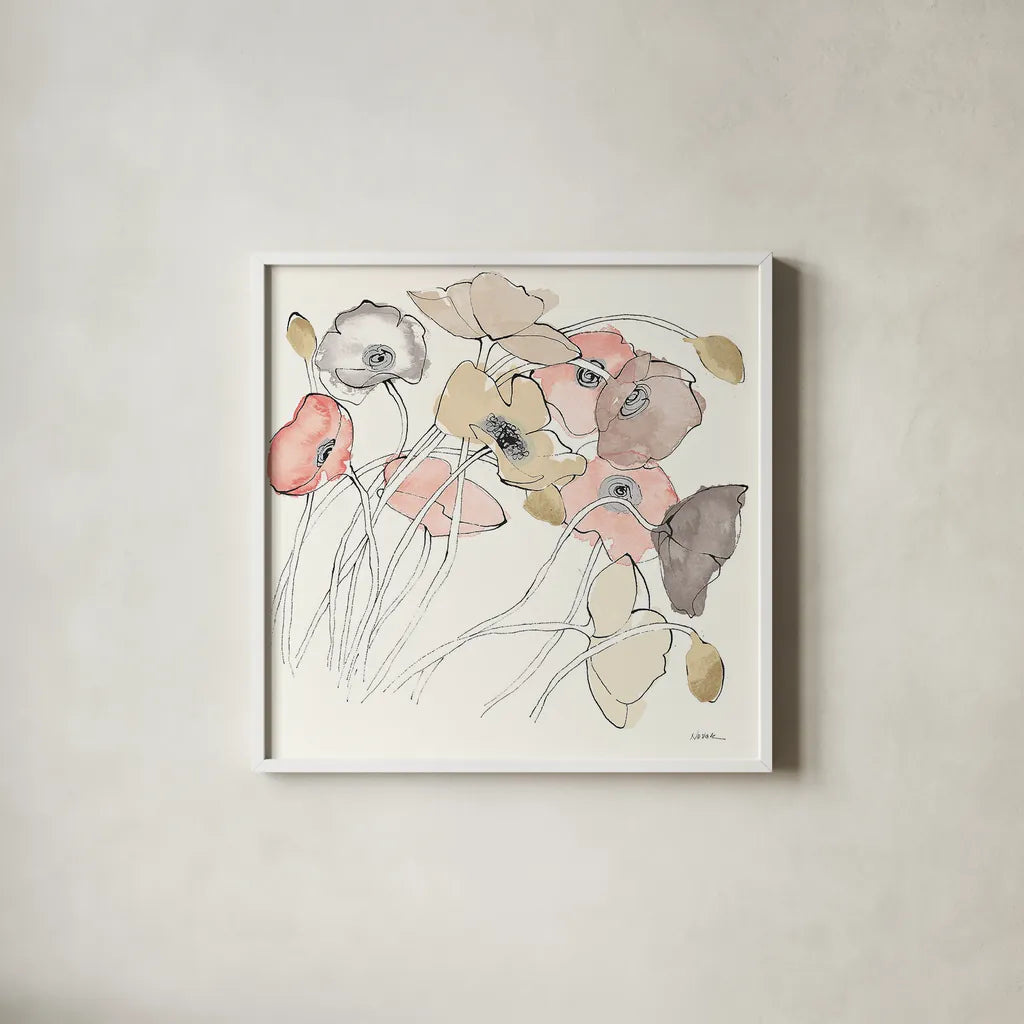 Black Line Poppies II Watercolor Neutral by Shirley Novak. Shown in a crisp white glass frame for a clean and minimalist style. Available as an archival giclee rolled canvas, fine art paper, or poster print. SKU 26768a.