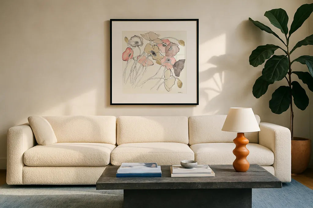 Black Line Poppies II Watercolor Neutral by Shirley Novak. Displayed in a glass frame with matte in a clean modern living room. Available as an archival giclee rolled canvas, fine art paper, or poster print. SKU 26768a.