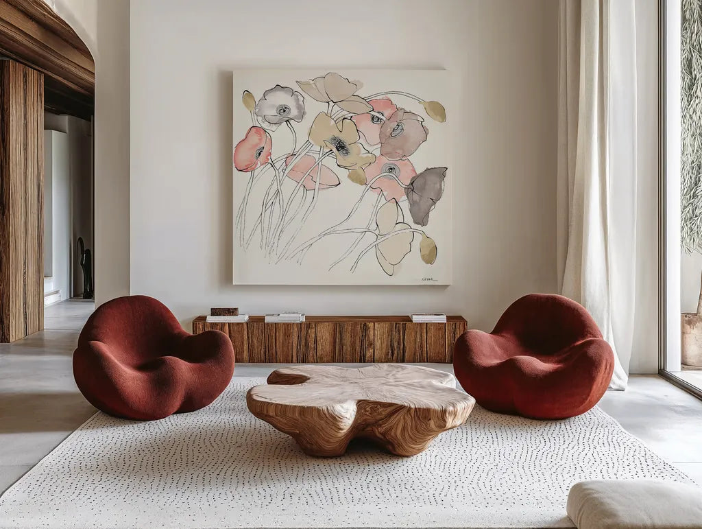 Black Line Poppies II Watercolor Neutral by Shirley Novak. Shown as extra-large giant wall art in a modern living room. Available as an archival giclee rolled canvas, fine art paper, or poster print. SKU 26768a.
