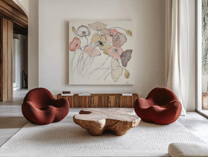 Black Line Poppies II Watercolor Neutral by Shirley Novak. Shown as extra-large giant wall art in a modern living room. Available as an archival giclee rolled canvas, fine art paper, or poster print. SKU 26768a.