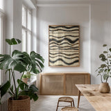 Black and Gold Geometric I by Shirley Novak. shown as a print in a natural wood frame in a dining room. Available as a archival giclee rolled canvas, fine art paper, or poster print. SKU 25027h.