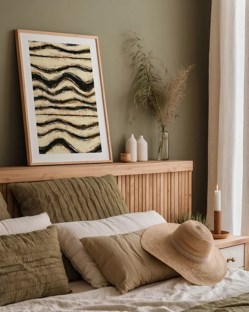 Black and Gold Geometric I by Shirley Novak. shown as a paper print in a natural frame. Available as a archival giclee rolled canvas, fine art paper, or poster print. SKU 25027h.