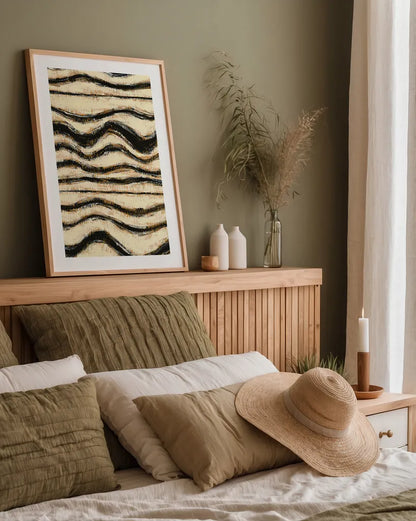 Black and Gold Geometric I by Shirley Novak. shown as a paper print in a natural frame. Available as a archival giclee rolled canvas, fine art paper, or poster print. SKU 25027h.