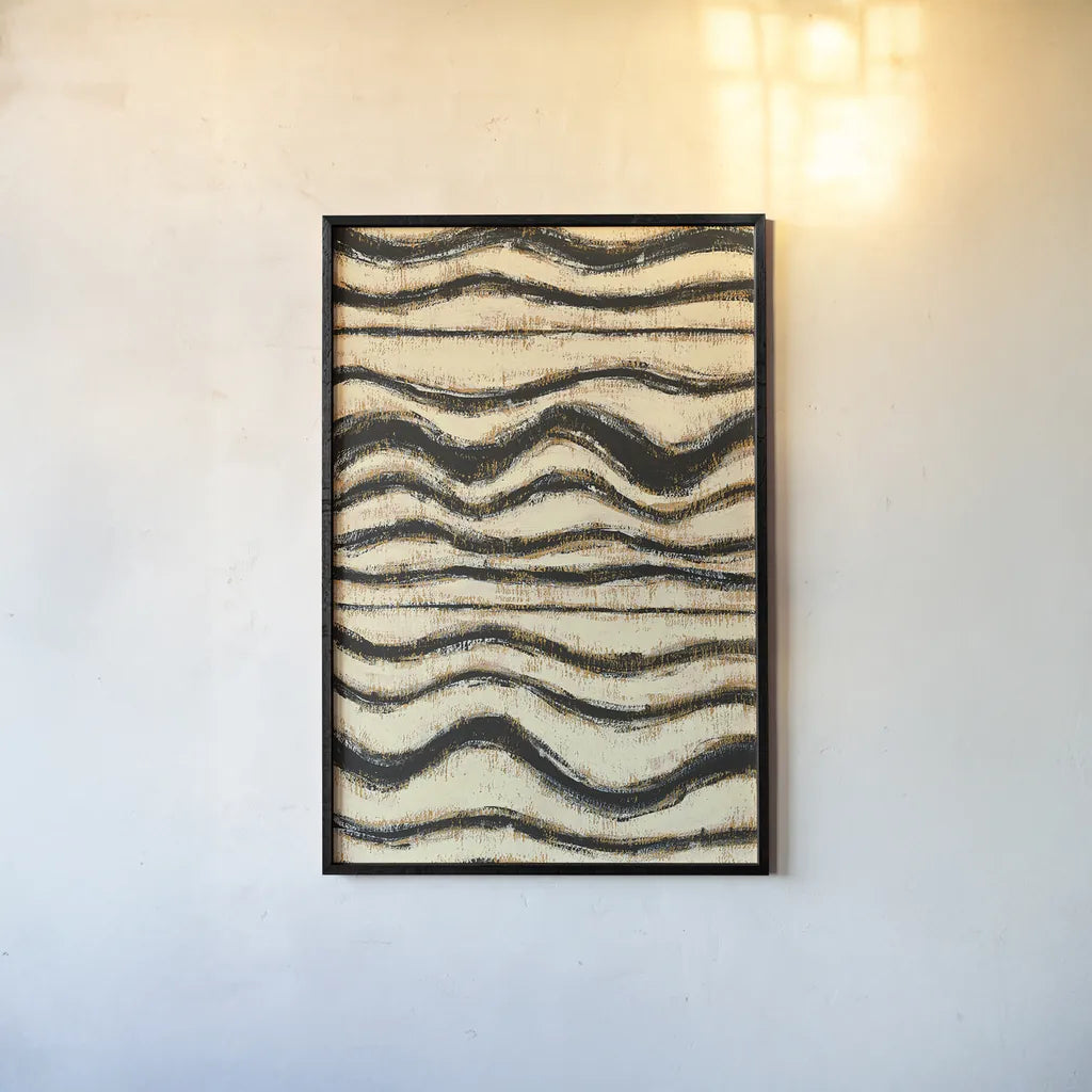 Black and Gold Geometric I by Shirley Novak. shown as a paper print in a black flame. Available as a archival giclee rolled canvas, fine art paper, or poster print. SKU 25027h.