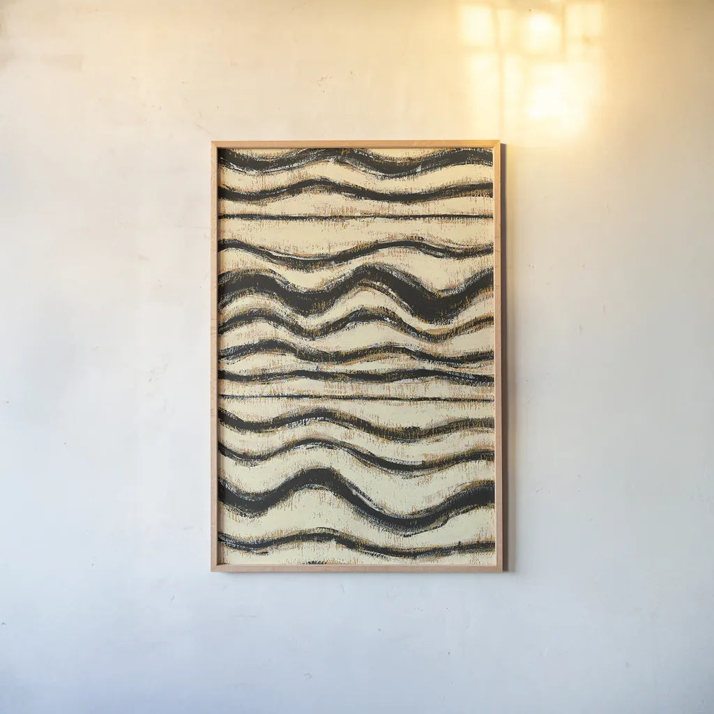 Black and Gold Geometric I by Shirley Novak. shown as a paper print in a natural frame. Available as a archival giclee rolled canvas, fine art paper, or poster print. SKU 25027h.