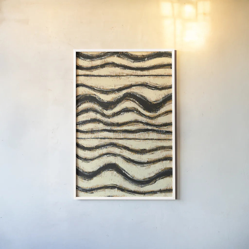 Black and Gold Geometric I by Shirley Novak. shown as a paper print in a white frame. Available as a archival giclee rolled canvas, fine art paper, or poster print. SKU 25027h.