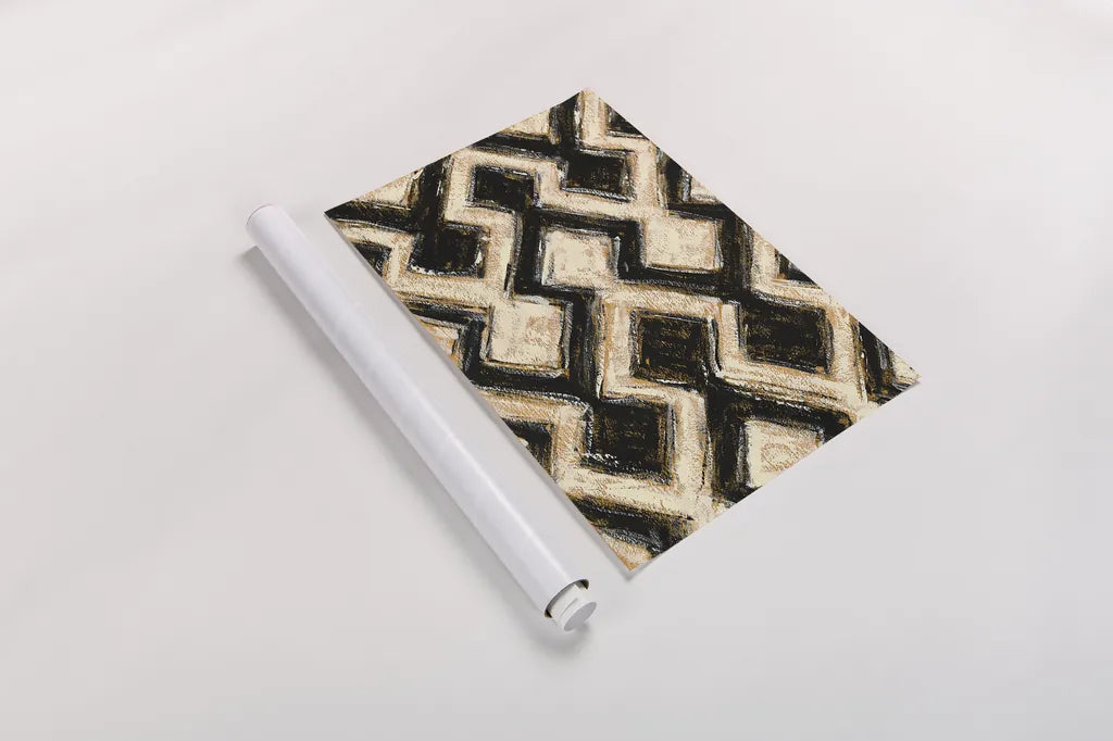 Black and Gold Geometric III by Shirley Novak. shown as a rolled paper print. Available as archival giclee rolled canvas, fine art paper, or poster print. SKU 25029h.