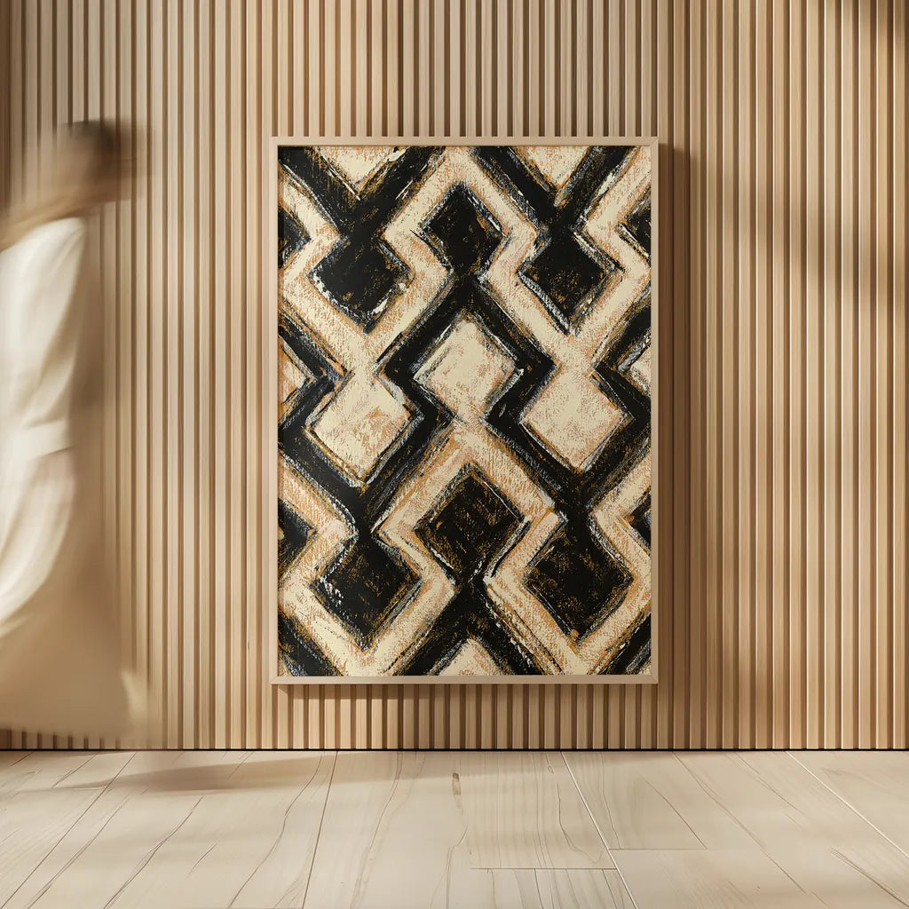 Black and Gold Geometric III by Shirley Novak. shown as over sized large wall art. Available as an archival giclee rolled canvas, fine art paper, or poster print. SKU 25029h.