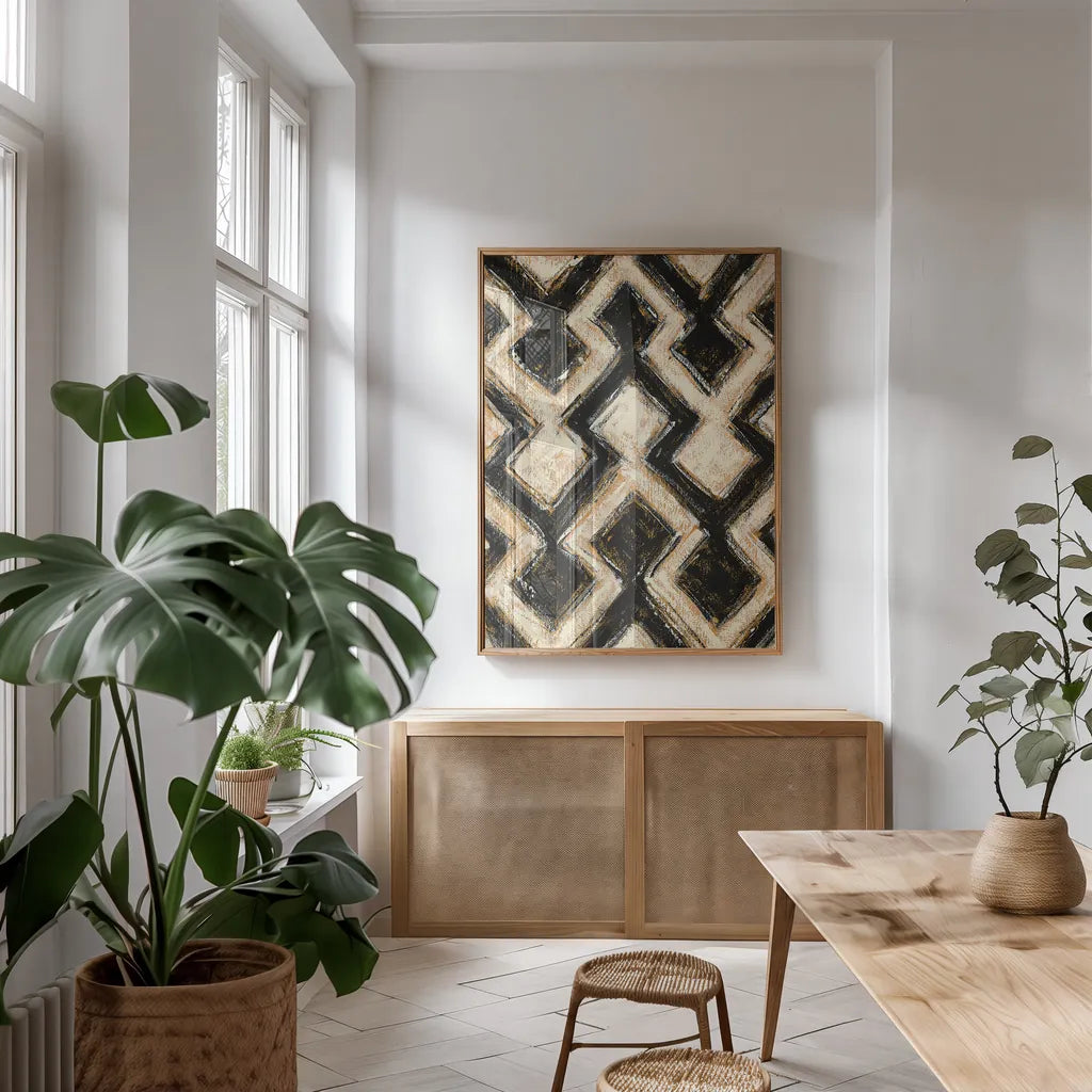 Black and Gold Geometric III by Shirley Novak. shown as a print in a natural wood frame in a dining room. Available as a archival giclee rolled canvas, fine art paper, or poster print. SKU 25029h.