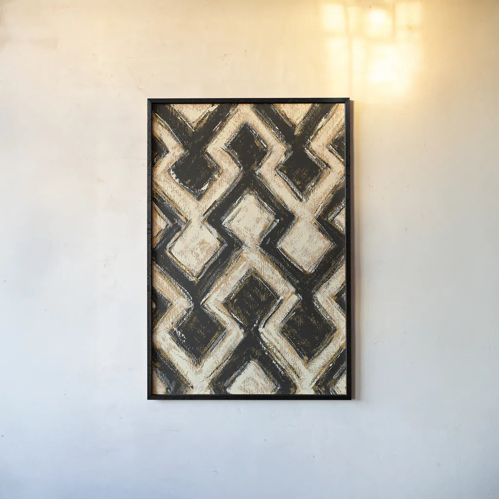 Black and Gold Geometric III by Shirley Novak. shown as a paper print in a black flame. Available as a archival giclee rolled canvas, fine art paper, or poster print. SKU 25029h.