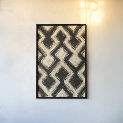Black and Gold Geometric III by Shirley Novak. shown as a paper print in a black flame. Available as a archival giclee rolled canvas, fine art paper, or poster print. SKU 25029h.