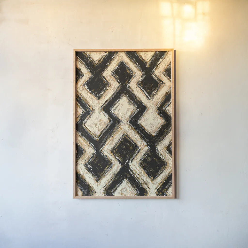 Black and Gold Geometric III by Shirley Novak. shown as a paper print in a natural frame. Available as a archival giclee rolled canvas, fine art paper, or poster print. SKU 25029h.