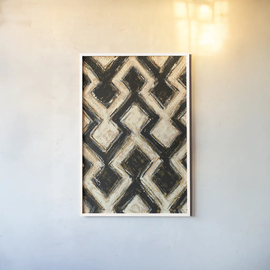 Black and Gold Geometric III by Shirley Novak. shown as a paper print in a white frame. Available as a archival giclee rolled canvas, fine art paper, or poster print. SKU 25029h.