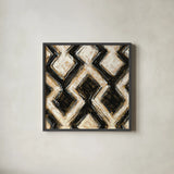 Black and Gold Geometric III Crop by Shirley Novak. Shown in a sleek black glass frame for a contemporary gallery look. Available as an archival giclee rolled canvas, fine art paper, or poster print. SKU 25029a.