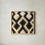 Black and Gold Geometric III Crop by Shirley Novak. Shown in a natural wood glass frame for a timeless modern aesthetic. Available as an archival giclee rolled canvas, fine art paper, or poster print. SKU 25029a.