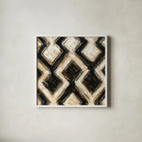 Black and Gold Geometric III Crop by Shirley Novak. Shown in a crisp white glass frame for a clean and minimalist style. Available as an archival giclee rolled canvas, fine art paper, or poster print. SKU 25029a.