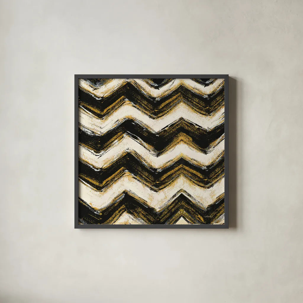 Black and Gold Geometric IV Crop by Shirley Novak. Shown in a sleek black glass frame for a contemporary gallery look. Available as an archival giclee rolled canvas, fine art paper, or poster print. SKU 25030a.