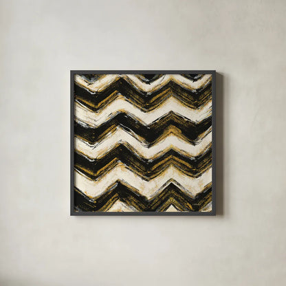 Black and Gold Geometric IV Crop by Shirley Novak. Shown in a sleek black glass frame for a contemporary gallery look. Available as an archival giclee rolled canvas, fine art paper, or poster print. SKU 25030a.