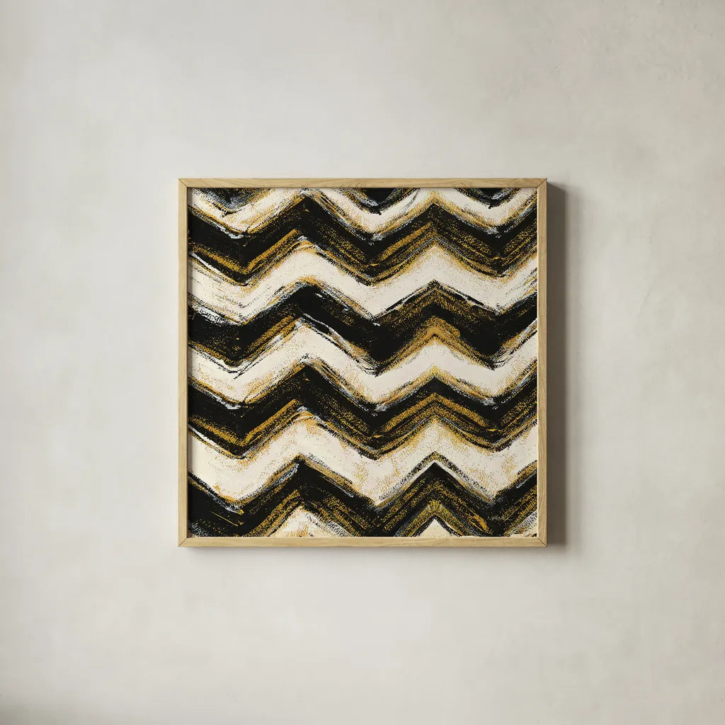 Black and Gold Geometric IV Crop by Shirley Novak. Shown in a natural wood glass frame for a timeless modern aesthetic. Available as an archival giclee rolled canvas, fine art paper, or poster print. SKU 25030a.