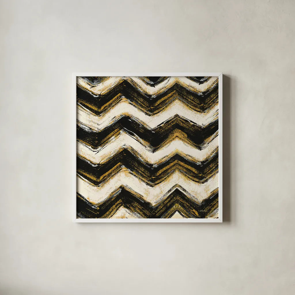 Black and Gold Geometric IV Crop by Shirley Novak. Shown in a crisp white glass frame for a clean and minimalist style. Available as an archival giclee rolled canvas, fine art paper, or poster print. SKU 25030a.