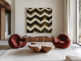 Black and Gold Geometric IV Crop by Shirley Novak. Shown as extra-large giant wall art in a modern living room. Available as an archival giclee rolled canvas, fine art paper, or poster print. SKU 25030a.