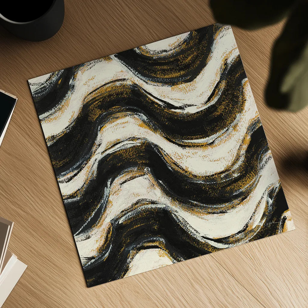 Black and Gold Geometric V Crop by Shirley Novak. Shown as a detailed flat fine art print, highlighting archival giclee quality. Available as an archival giclee rolled canvas, fine art paper, or poster print. SKU 25031a.