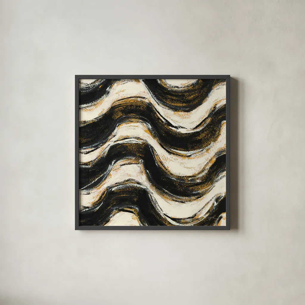 Black and Gold Geometric V Crop by Shirley Novak. Shown in a sleek black glass frame for a contemporary gallery look. Available as an archival giclee rolled canvas, fine art paper, or poster print. SKU 25031a.