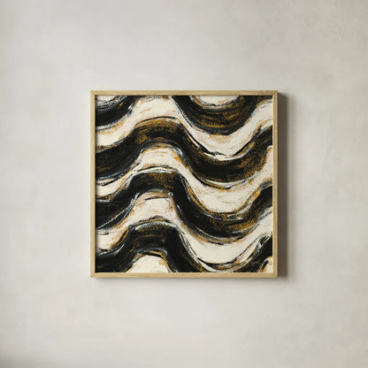 Black and Gold Geometric V Crop by Shirley Novak. Shown in a natural wood glass frame for a timeless modern aesthetic. Available as an archival giclee rolled canvas, fine art paper, or poster print. SKU 25031a.