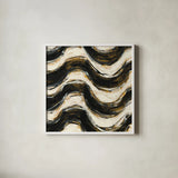 Black and Gold Geometric V Crop by Shirley Novak. Shown in a crisp white glass frame for a clean and minimalist style. Available as an archival giclee rolled canvas, fine art paper, or poster print. SKU 25031a.