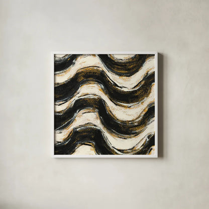 Black and Gold Geometric V Crop by Shirley Novak. Shown in a crisp white glass frame for a clean and minimalist style. Available as an archival giclee rolled canvas, fine art paper, or poster print. SKU 25031a.