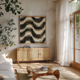 Black and Gold Geometric V Crop by Shirley Novak. Shown in a natural wood frame in a cozy modern living room. Available as an archival giclee rolled canvas, fine art paper, or poster print. SKU 25031a.