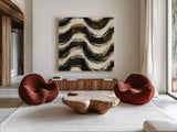 Black and Gold Geometric V Crop by Shirley Novak. Shown as extra-large giant wall art in a modern living room. Available as an archival giclee rolled canvas, fine art paper, or poster print. SKU 25031a.