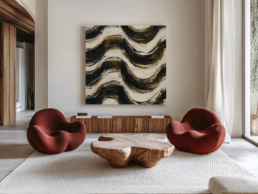 Black and Gold Geometric V Crop by Shirley Novak. Shown as extra-large giant wall art in a modern living room. Available as an archival giclee rolled canvas, fine art paper, or poster print. SKU 25031a.