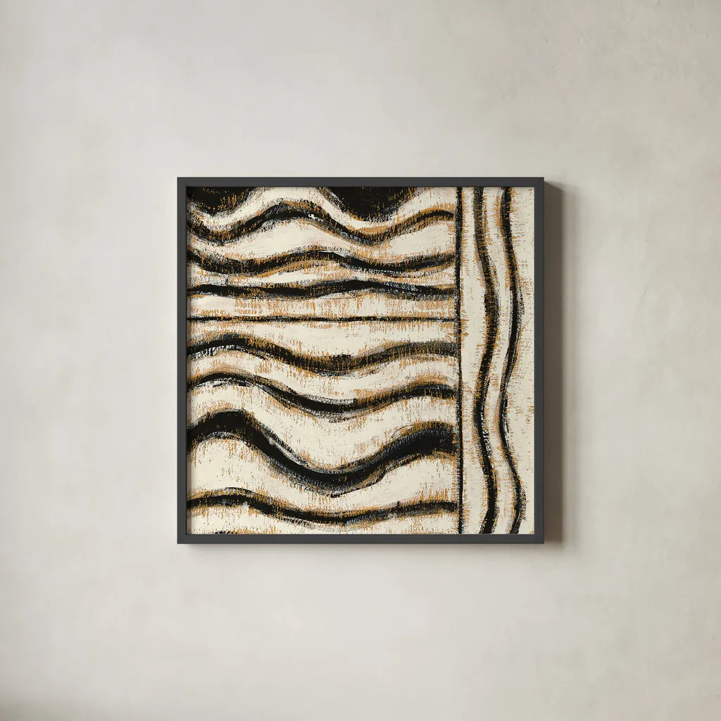 Black and Gold Geometric VI by Shirley Novak. Shown in a sleek black glass frame for a contemporary gallery look. Available as an archival giclee rolled canvas, fine art paper, or poster print. SKU 25032a.