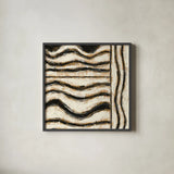 Black and Gold Geometric VI by Shirley Novak. Shown in a sleek black glass frame for a contemporary gallery look. Available as an archival giclee rolled canvas, fine art paper, or poster print. SKU 25032a.