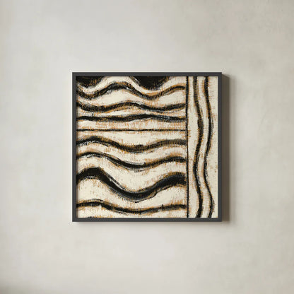 Black and Gold Geometric VI by Shirley Novak. Shown in a sleek black glass frame for a contemporary gallery look. Available as an archival giclee rolled canvas, fine art paper, or poster print. SKU 25032a.