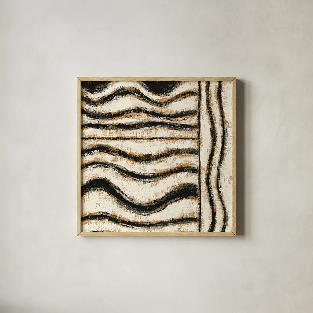 Black and Gold Geometric VI by Shirley Novak. Shown in a natural wood glass frame for a timeless modern aesthetic. Available as an archival giclee rolled canvas, fine art paper, or poster print. SKU 25032a.