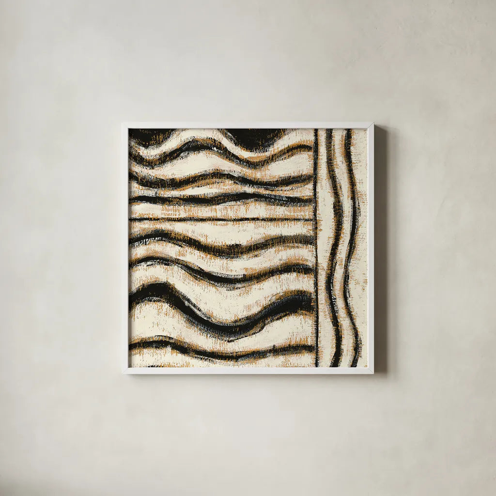 Black and Gold Geometric VI by Shirley Novak. Shown in a crisp white glass frame for a clean and minimalist style. Available as an archival giclee rolled canvas, fine art paper, or poster print. SKU 25032a.