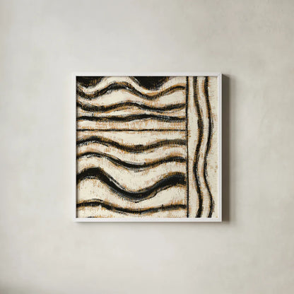 Black and Gold Geometric VI by Shirley Novak. Shown in a crisp white glass frame for a clean and minimalist style. Available as an archival giclee rolled canvas, fine art paper, or poster print. SKU 25032a.