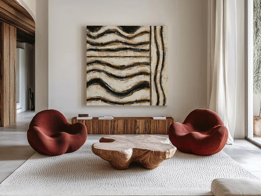 Black and Gold Geometric VI by Shirley Novak. Shown as extra-large giant wall art in a modern living room. Available as an archival giclee rolled canvas, fine art paper, or poster print. SKU 25032a.
