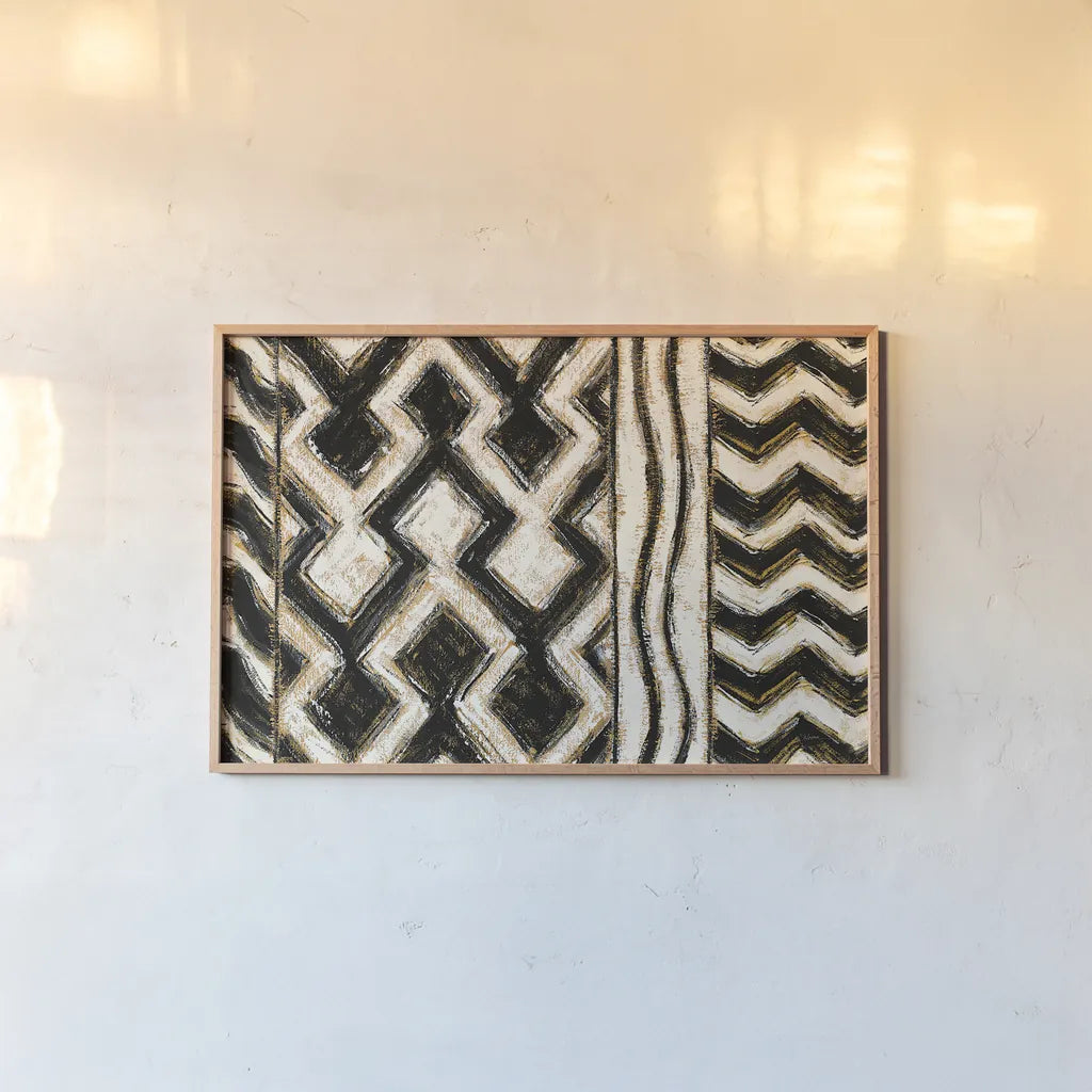 Black and Gold Geometric VII Crop by Shirley Novak. shown as a paper print in a natural frame. Available as a archival giclee rolled canvas, fine art paper, or poster print. SKU 25033i.