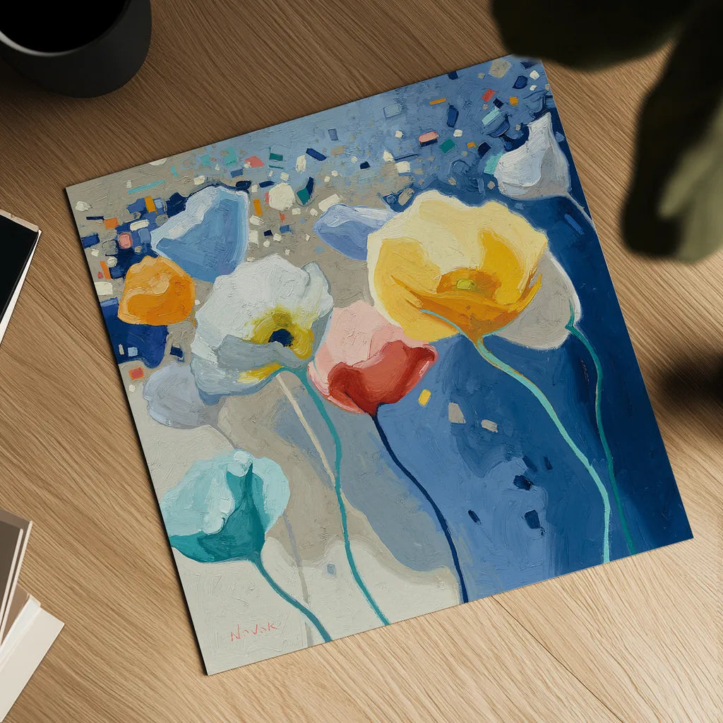 Bleusy by Shirley Novak. Shown as a detailed flat fine art print, highlighting archival giclee quality. Available as an archival giclee rolled canvas, fine art paper, or poster print. SKU 23177a.