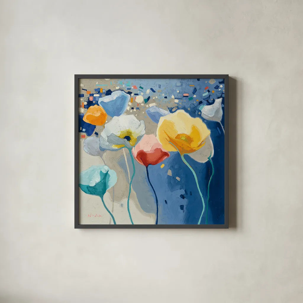 Bleusy by Shirley Novak. Shown in a sleek black glass frame for a contemporary gallery look. Available as an archival giclee rolled canvas, fine art paper, or poster print. SKU 23177a.