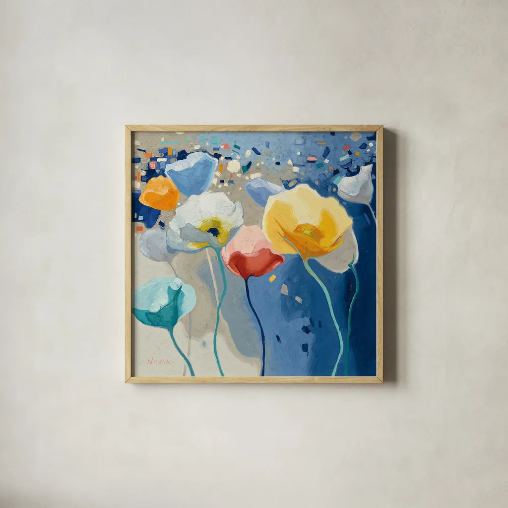 Bleusy by Shirley Novak. Shown in a natural wood glass frame for a timeless modern aesthetic. Available as an archival giclee rolled canvas, fine art paper, or poster print. SKU 23177a.