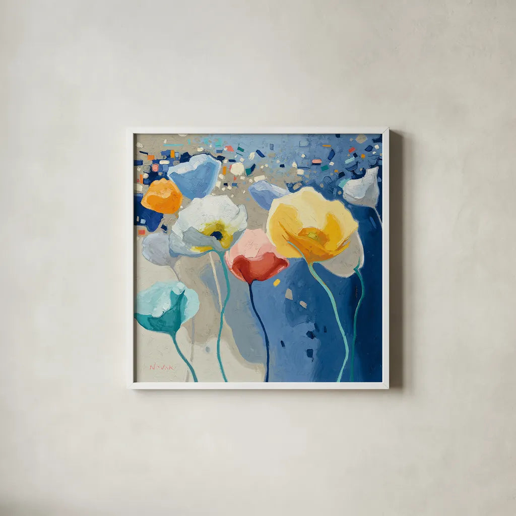 Bleusy by Shirley Novak. Shown in a crisp white glass frame for a clean and minimalist style. Available as an archival giclee rolled canvas, fine art paper, or poster print. SKU 23177a.