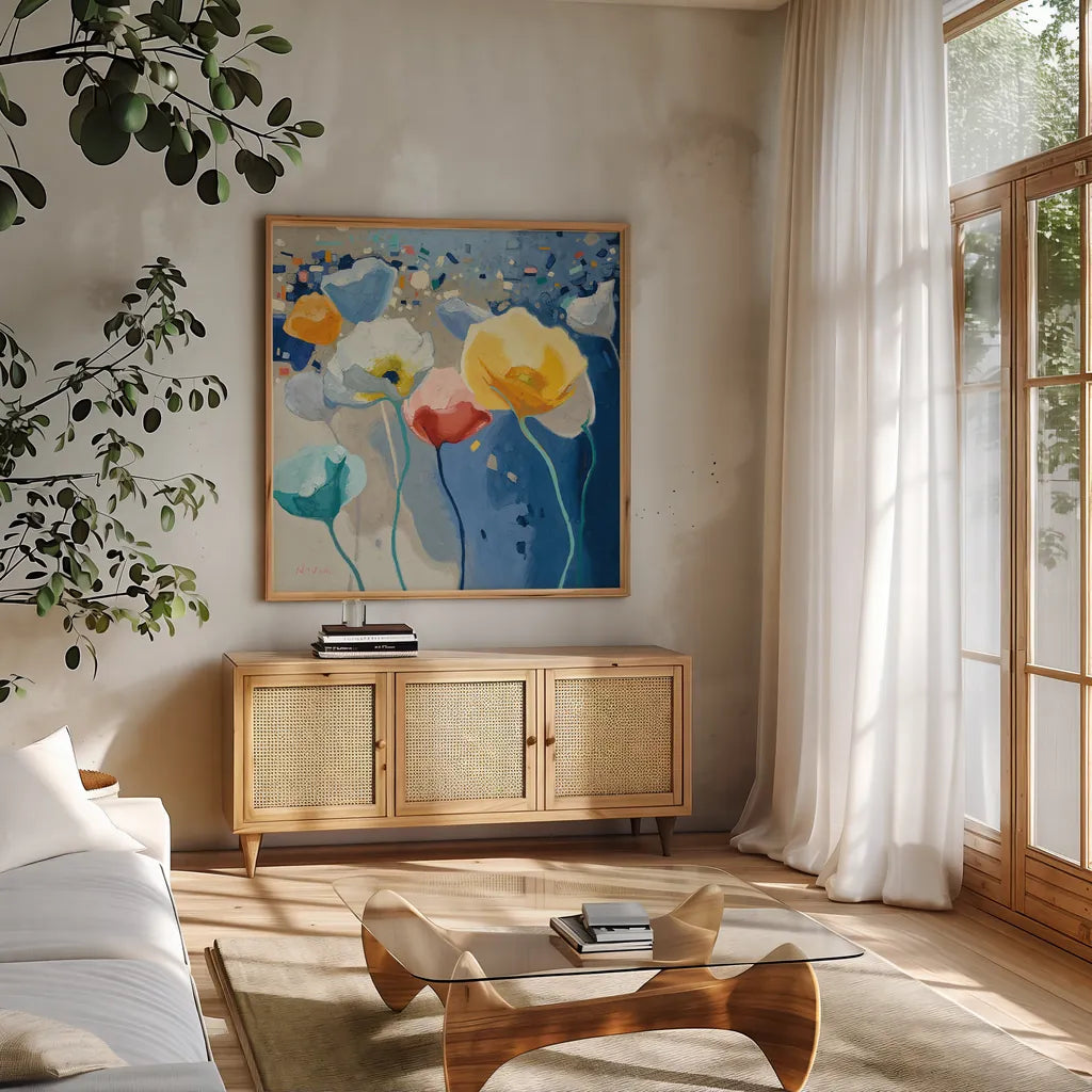 Bleusy by Shirley Novak. Shown in a natural wood frame in a cozy modern living room. Available as an archival giclee rolled canvas, fine art paper, or poster print. SKU 23177a.