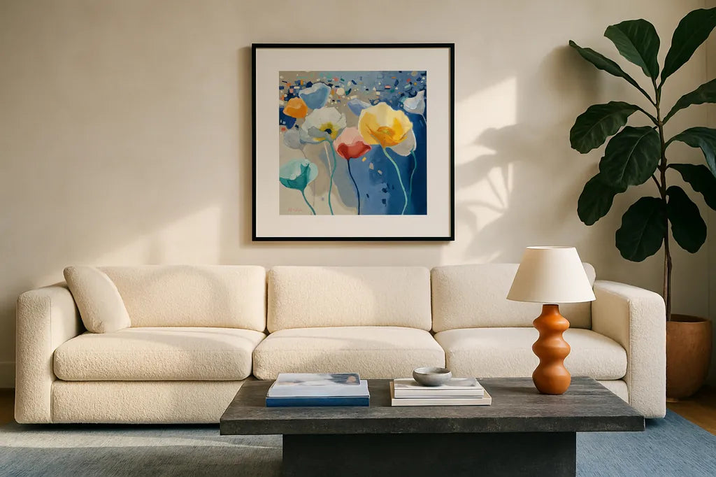 Bleusy by Shirley Novak. Displayed in a glass frame with matte in a clean modern living room. Available as an archival giclee rolled canvas, fine art paper, or poster print. SKU 23177a.