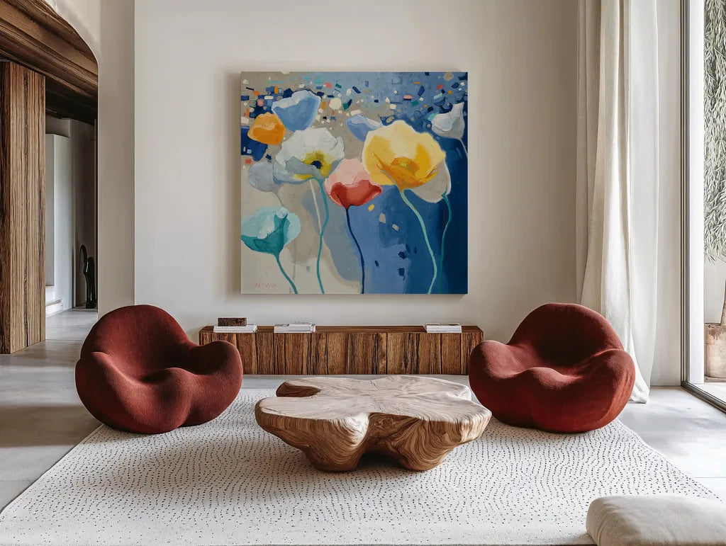 Bleusy by Shirley Novak. Shown as extra-large giant wall art in a modern living room. Available as an archival giclee rolled canvas, fine art paper, or poster print. SKU 23177a.